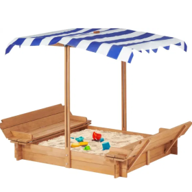 Kids Sandbox With Adjustable Cover, 46  Wooden Sand Box With 2 Foldable Bench Seats, Outdoor Sandpit For Play