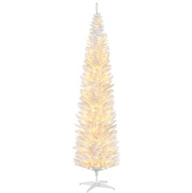 HOMCOM 8' Tall Pre-Lit Slim Noble Fir Artificial Christmas Tree With 300 Warm White LED Lights And 618 Tips, For Christmas Decoration, White