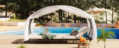 GO 90.55" Outdoor Patio Daybed with Curtain, Sunbed with Cushion and Colorful Pillow