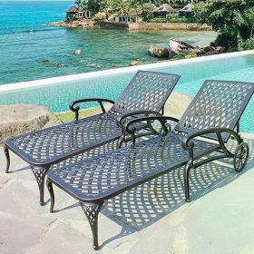 Outdoor Chaise, Pool Lounge Chairs Cast Aluminum Tanning Chairs Adjustable Backrest and Moveable Wheels, Outdoors Garden Lounger