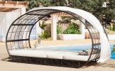 GO 90.55" Outdoor Patio Daybed with Curtain, Sunbed with Cushion and Colorful Pillow