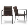 Set of 2 Stackable Outdoor Wicker Patio Dining Chairs, All-Weather Firepit Armchair with Armrests, Steel Frame for Patio Deck Garden Yard, Brown