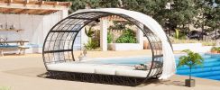 GO 90.55" Outdoor Patio Daybed with Curtain, Sunbed with Cushion and Colorful Pillow