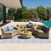 [VIDEO provided] U_Style 6 - Person Fan-shaped Rattan Suit Combination with Cushions and Table,Suitable for Garden