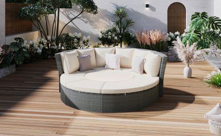 TOPMAX Patio 5-Piece Round Rattan Sectional Sofa Set All-Weather PE Wicker Sunbed Daybed with Round Liftable Table and Washable Cushions for Outdoor B