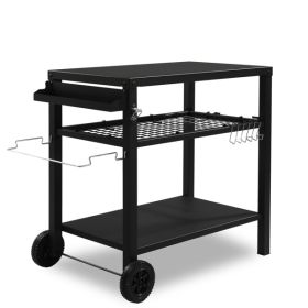 Outdoor Grill Cart Three-Shelf Grill Table, Movable BBQ Trolley Food Prep Cart with Two Wheels & Hooks, Black