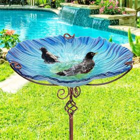 Bird Bath Outdoor Garden Glass Birdbath Fountain 4-Prong Freestanding Bowl Birdfeeder with Stake for Yard Garden