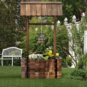 Wooden Wishing Well Planter with Hanging Bucket for Flower and Plants Indoor and Outdoor, Rustic Flower Planter Patio Garden (Color: 25.6in Brown)