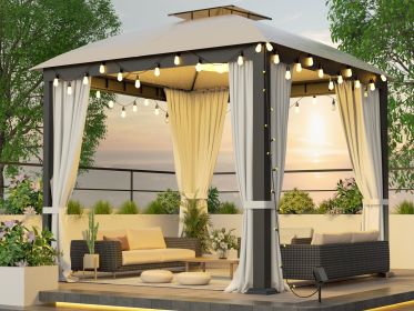 10X10FT Softtop Metal Gazebo with Mosquito Net&Sunshade Curtains,Sturdy Heavy Duty Double Roof Canopy,Galvanized Steel Design Outdoor Tent (Color: as Pic)