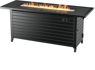 57" Propane Fire Pit Table, 50,000BTU Outdoor Gas Fire Pit, 2 in 1 Rectangular Firepit Tabletop w/ Lid, Wind Guard, Glass Beads, Aluminum (Material: Aluminum, Color: Black)